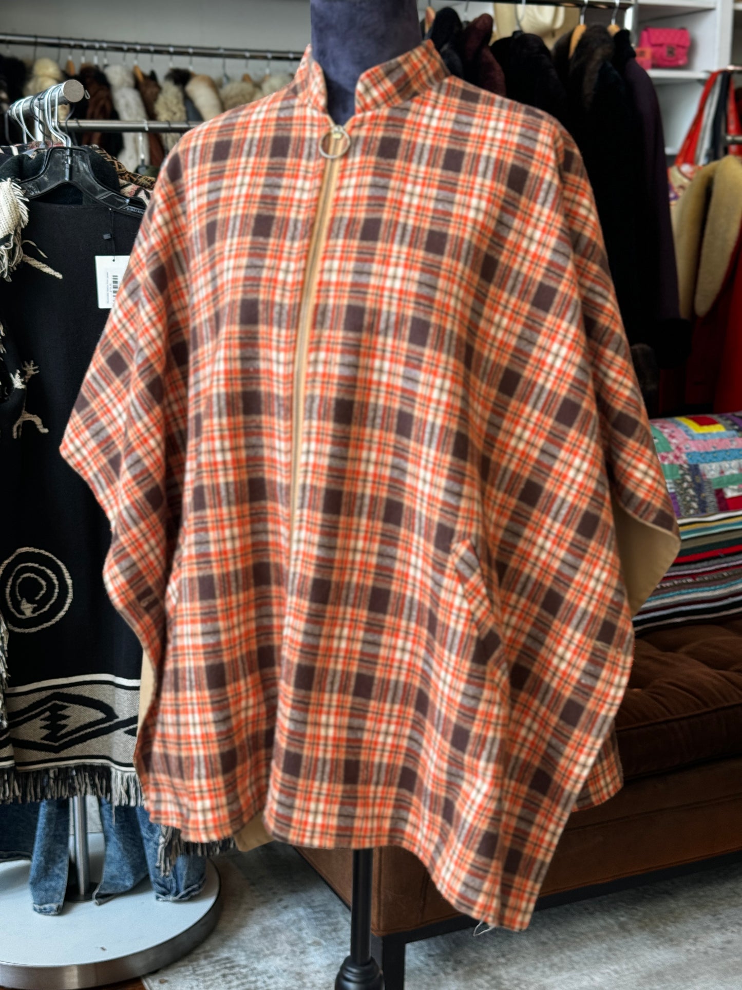 Vintage Double Sided 70s Plaid Rain Cape